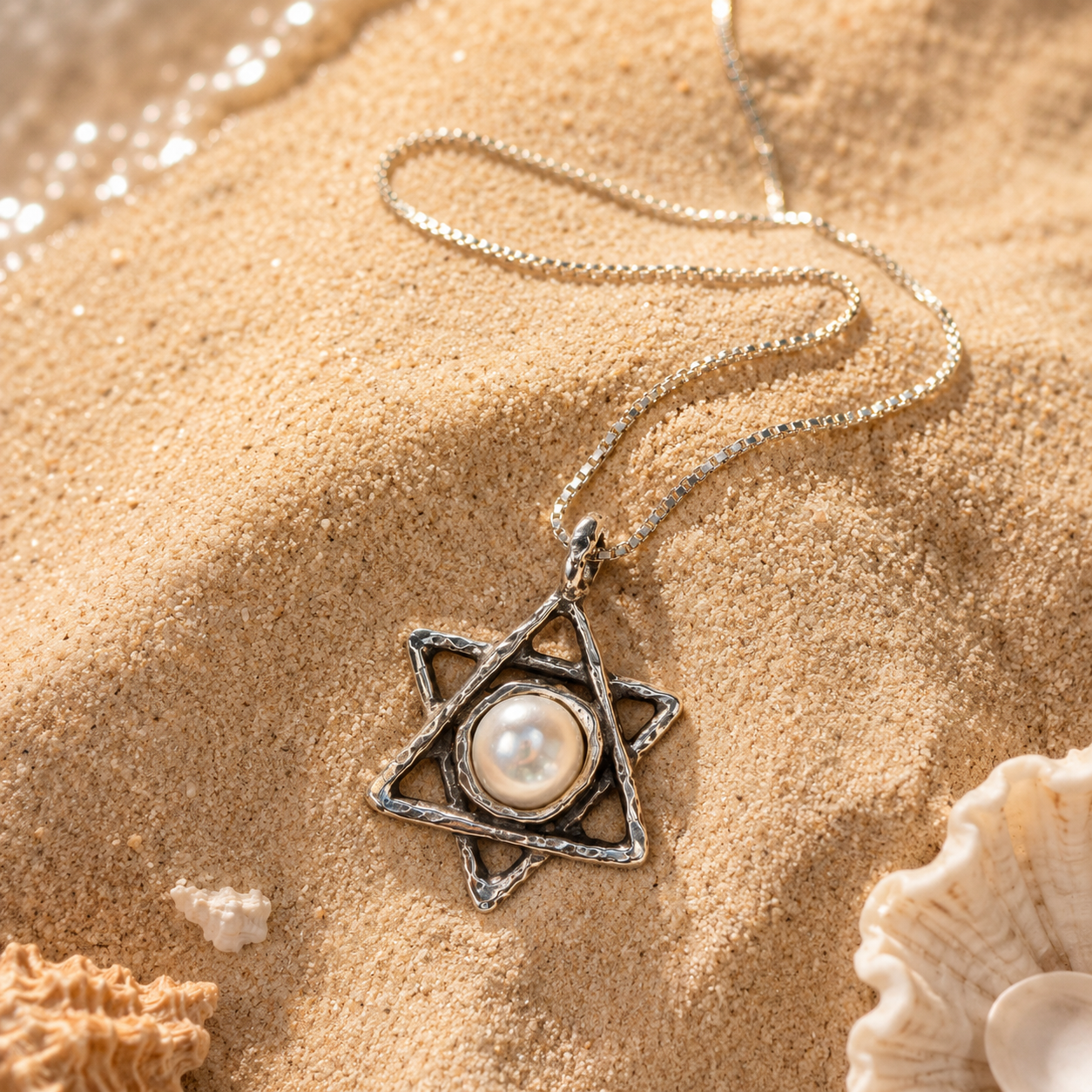 Silver Star of David Necklace with a pearl | Handmade in Israel