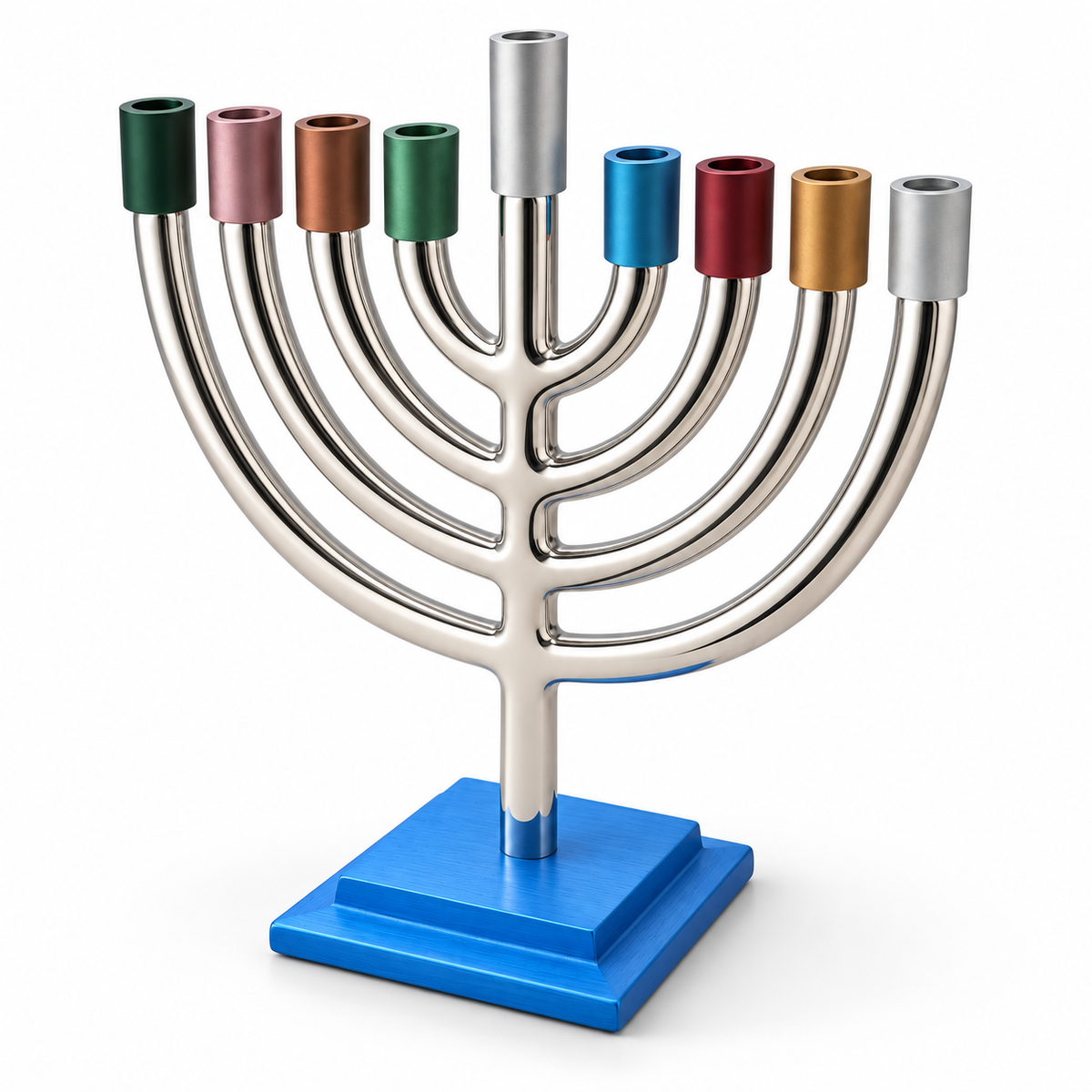 Hanukkah Menorah – Silver Plated with Colorful Candle Holders – Made in Israel