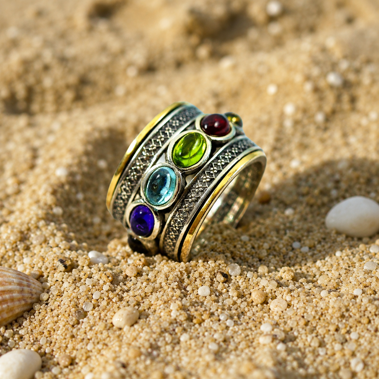 Spinner Fidget Ring | Multicolor Gemstones | Sterling Silver Gold | Bluenoemi - Bluenoemi Jewelry Rings Bluenoemi Bluenoemi  israeli sterling silver jewellery jewelry handmade jewel