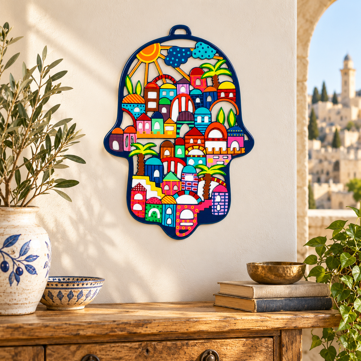 Jerusalem Hamsa Home Blessing – Colorful Metal Wall Decor Handmade in Israel - Bluenoemi Jewelry Wall-Decor Bluenoemi Bluenoemi  israeli sterling silver jewellery jewelry handmade jewel