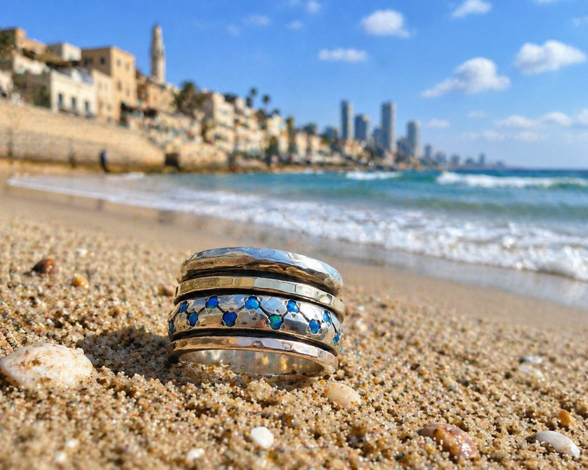Blue Opal Spinner Ring – Sterling Silver & Gold | Handmade in Israel | Bluenoemi