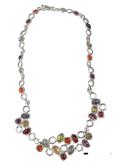 Necklace with multicolored gemstones on a white background
