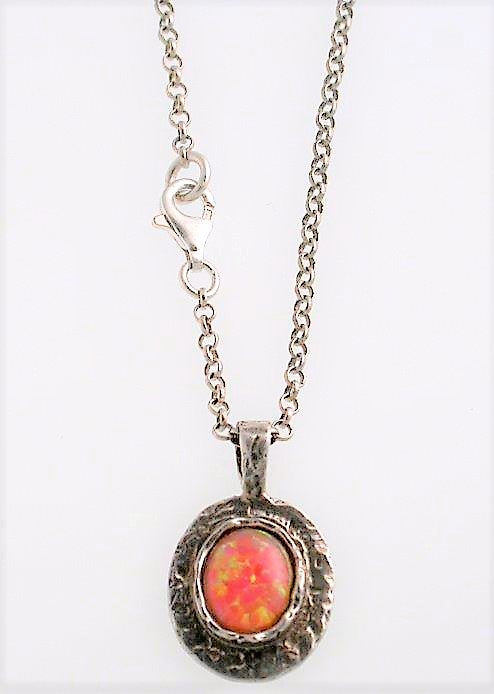 Silver necklace for woman with red lab opal stone