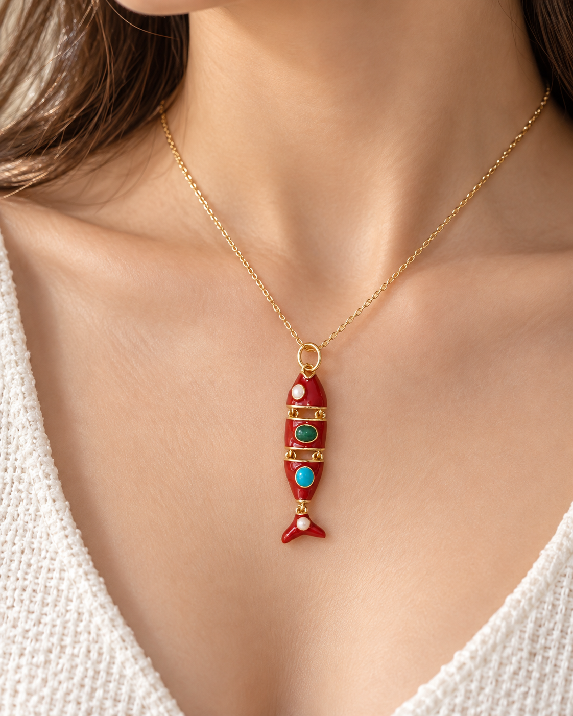 Red Fish Pendant Necklace – Gold Filled with Colorful Stones | Handmade Jewelry
