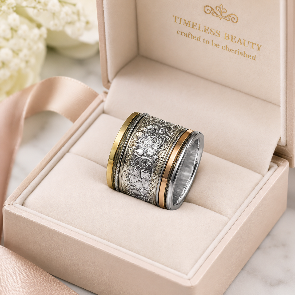Romantic Floral Spinner Ring – Sterling Silver & Gold | Bluenoemi - Bluenoemi Jewelry Spinner Rings Bluenoemi Bluenoemi  israeli sterling silver jewellery jewelry handmade jewel