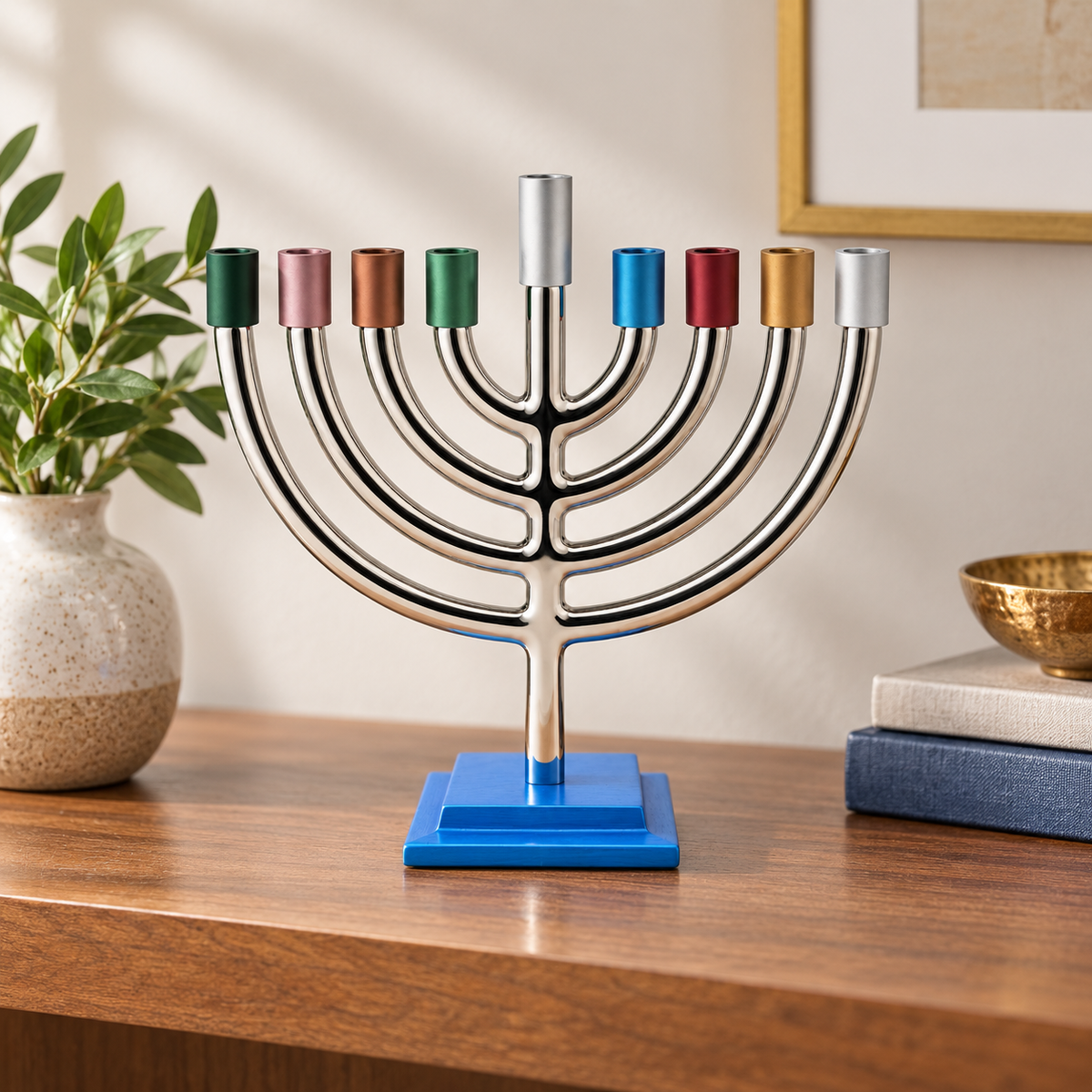 Hanukkah Menorah – Silver Plated with Colorful Candle Holders – Made in Israel
