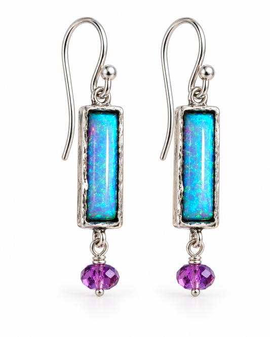 Sterling Silver Dangle Earrings with Blue Opal and Purple Beads