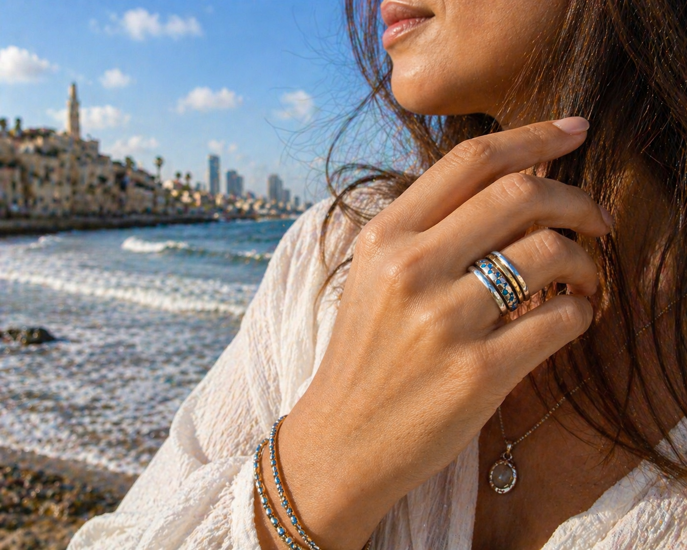 Blue Opal Spinner Ring in Sterling Silver & Gold | Handmade Israeli Meditation Ring - Bluenoemi Jewelry Jewelry Bluenoemi Bluenoemi  israeli sterling silver jewellery jewelry handmade jewel