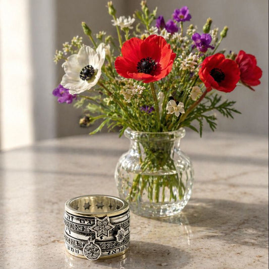 Silver gold ring with blessings and charms