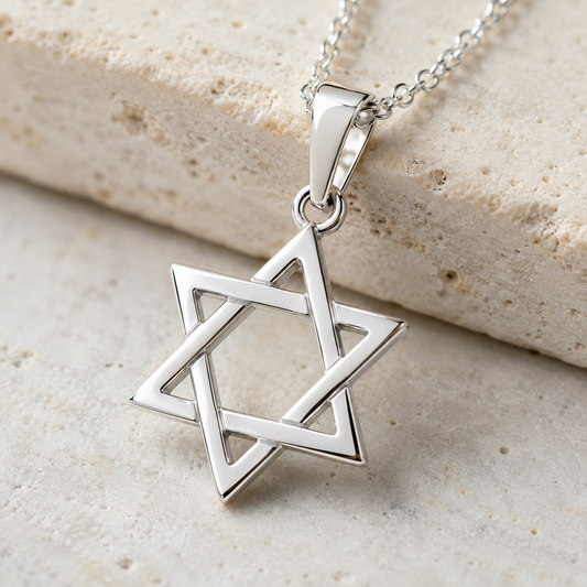 Close-up of minimalist sterling silver Star of David pendant