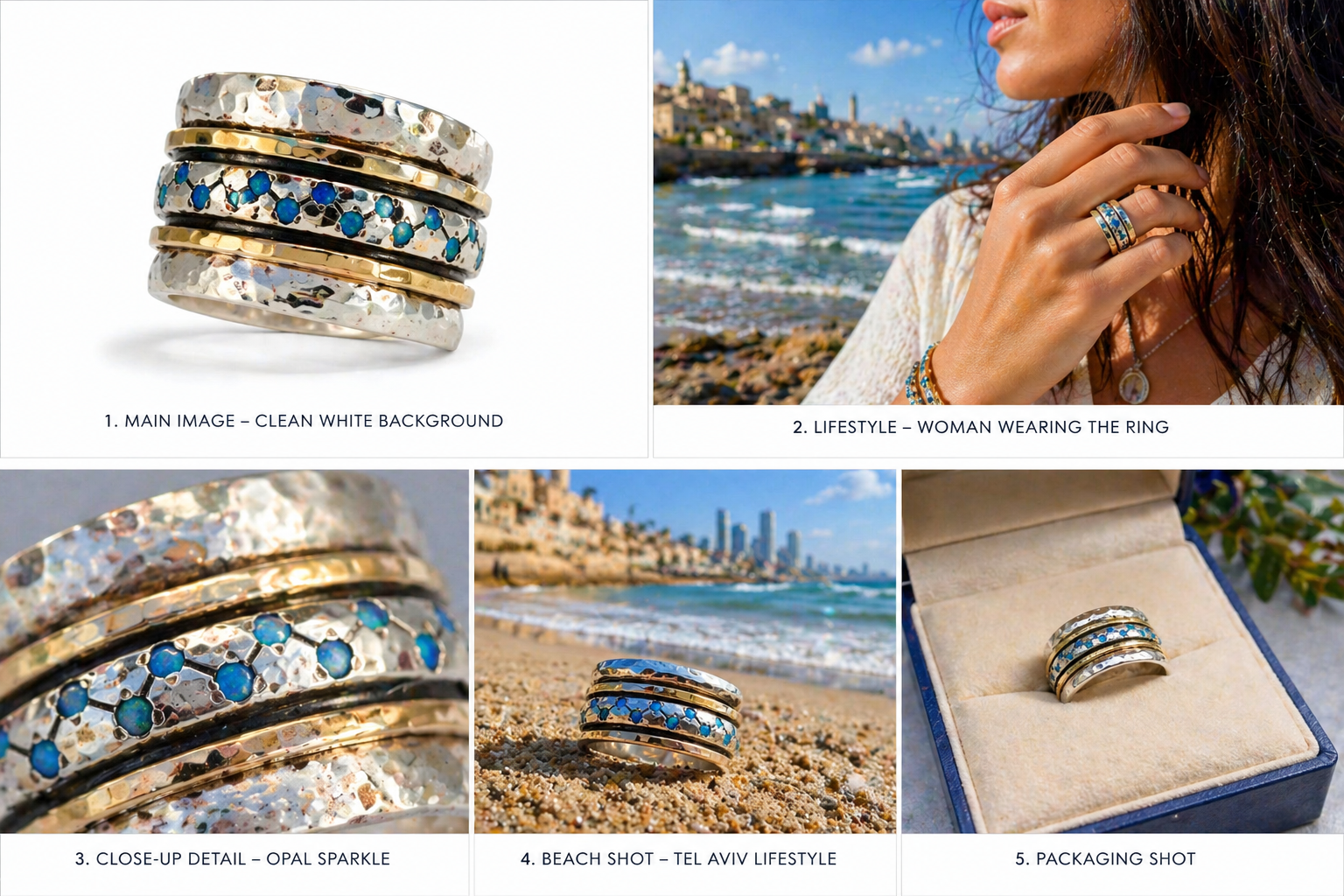 Blue Opal Spinner Ring in Sterling Silver & Gold | Handmade Israeli Meditation Ring - Bluenoemi Jewelry Jewelry Bluenoemi Bluenoemi  israeli sterling silver jewellery jewelry handmade jewel