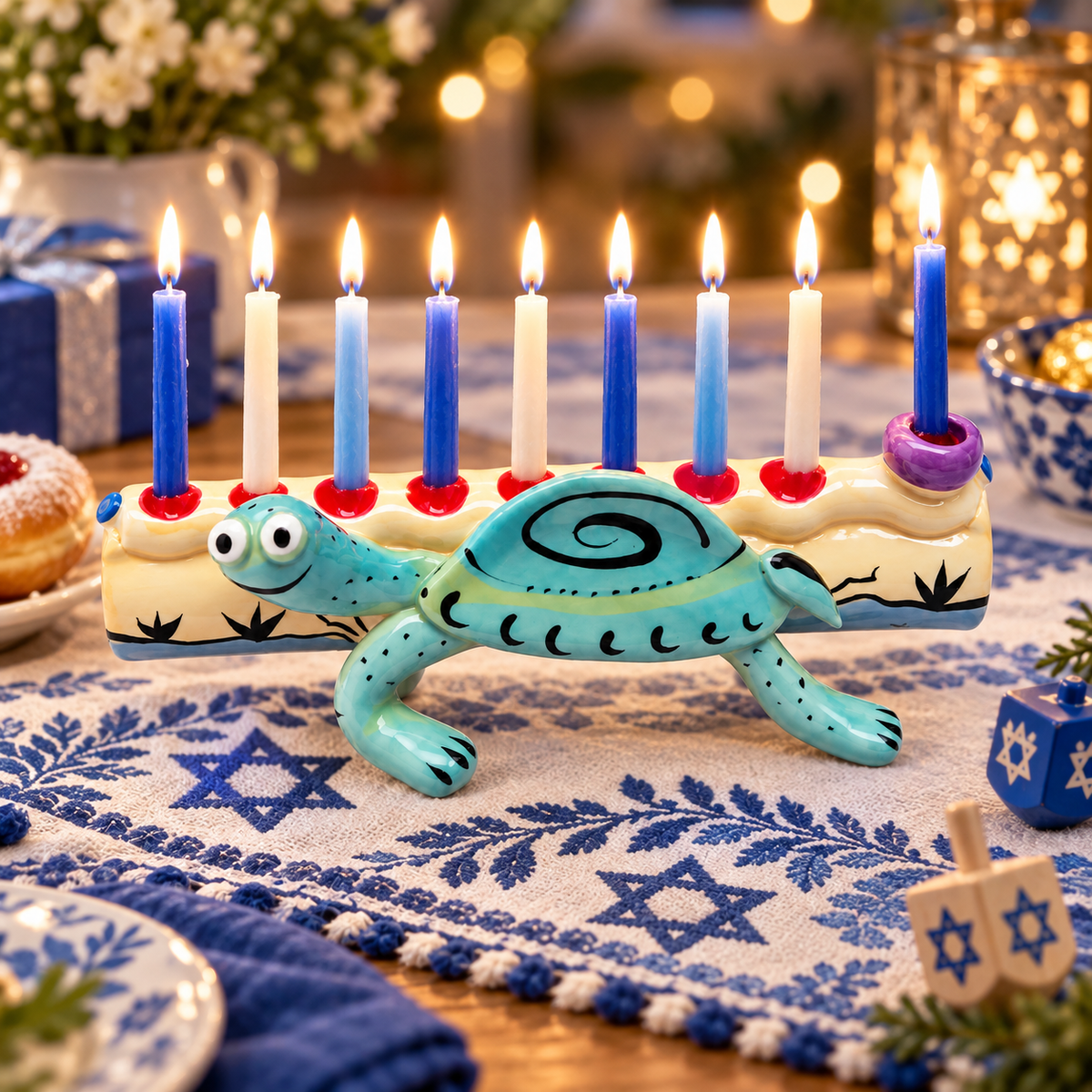 Children’s Hanukkah Menorah – Colorful Ceramic Turtle Design – Made in Israel