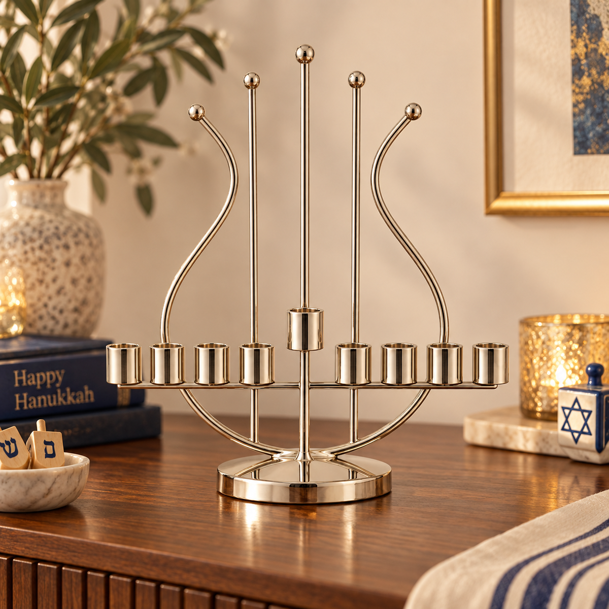 Hanukkah Menorah – Harp Shape Silver Plated – Made in Israel