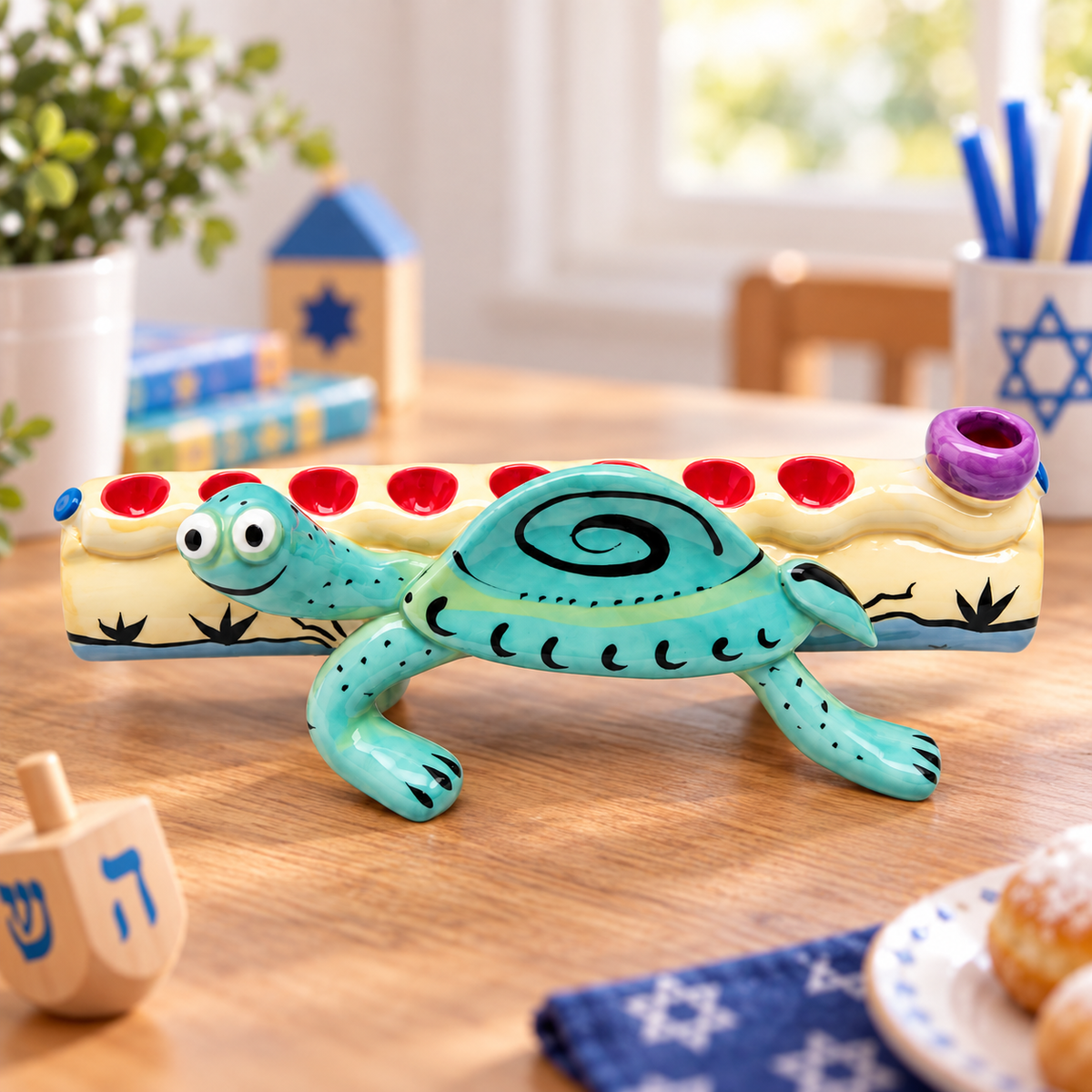 Children’s Hanukkah Menorah – Colorful Ceramic Turtle Design – Made in Israel