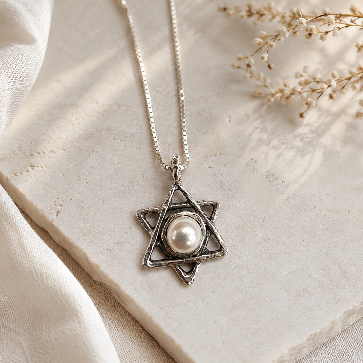 Silver Star of David Necklace with a pearl | Handmade in Israel