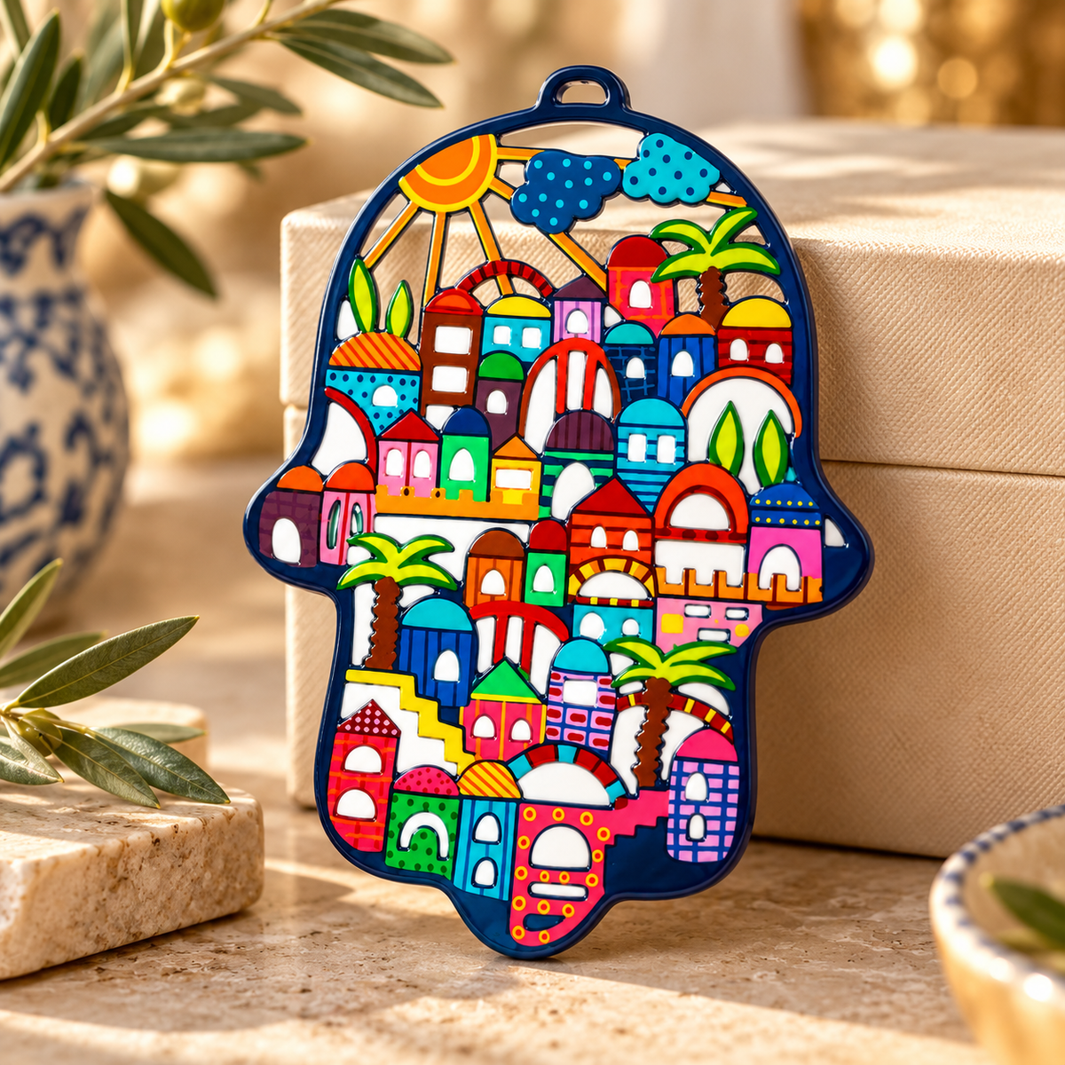 Jerusalem Hamsa Home Blessing – Colorful Metal Wall Decor Handmade in Israel - Bluenoemi Jewelry Wall-Decor Bluenoemi Bluenoemi  israeli sterling silver jewellery jewelry handmade jewel