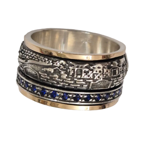 Spinner Ring for Women – Sterling Silver & Gold Jerusalem Hebrew Meditation Ring | Handmade Israeli Jewelry