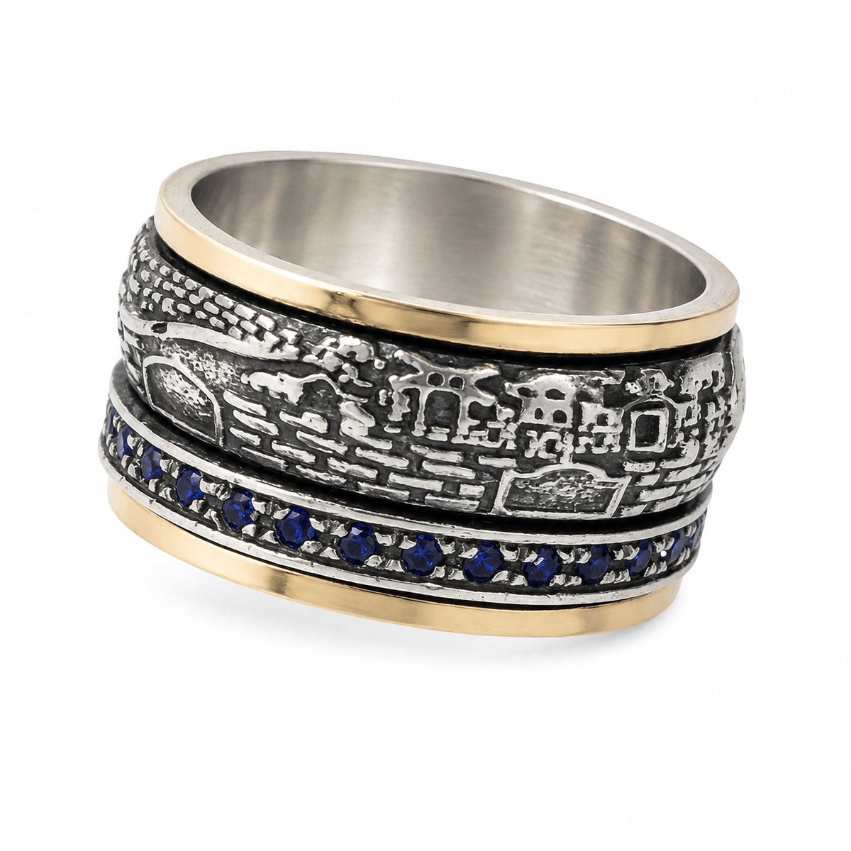 Jerusalem Spinner Ring – Sterling Silver & Gold Israeli Ring  set Lapis