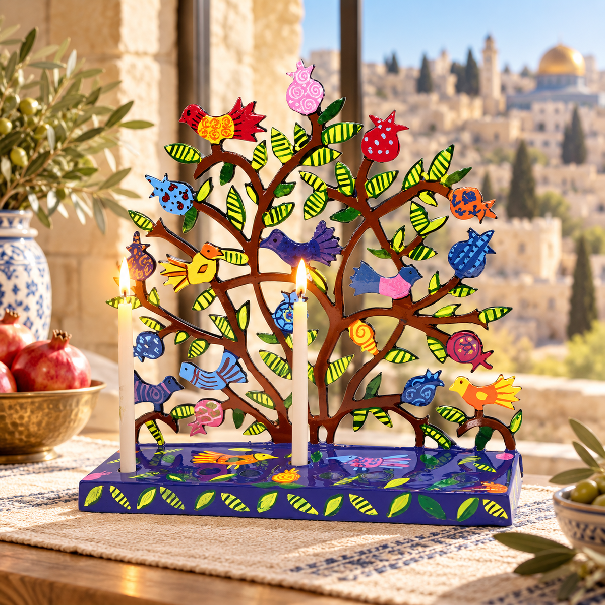 Colorful Pomegranate & Birds Hanukkah Menorah – Handmade in Jerusalem | Bluenoemi - Bluenoemi Jewelry Home-Decor Bluenoemi Bluenoemi  israeli sterling silver jewellery jewelry handmade jewel