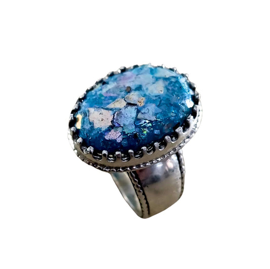 Silver ring with 9 KT gold and Roman Glass