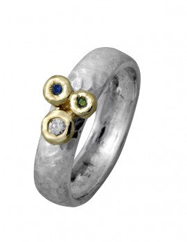 Sterling Silver & Gold ring set with multi colour diamonds