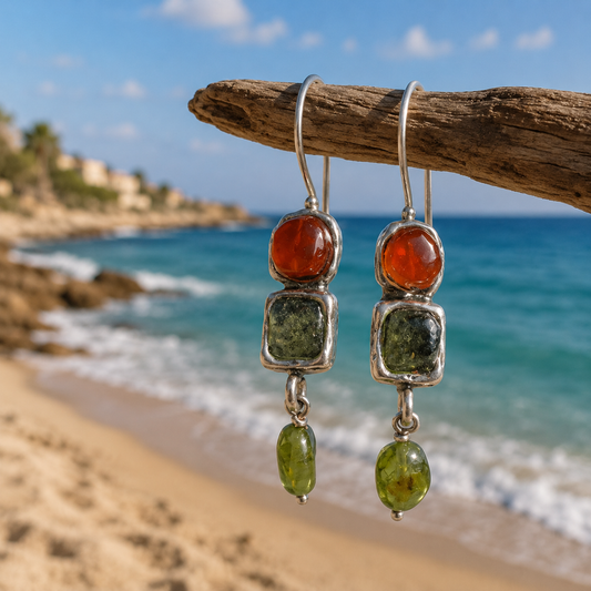 Sterling Silver Earrings, Roman Glass Earrings cornelian, Peridot