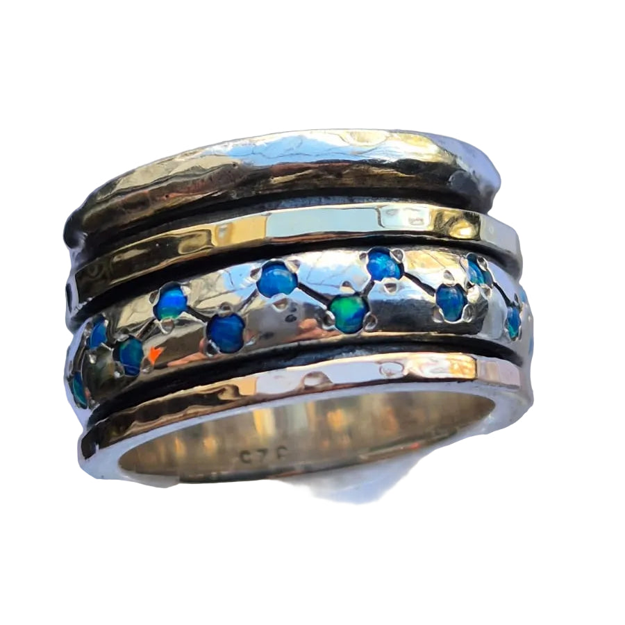 Blue opals spinner ring silver and gold