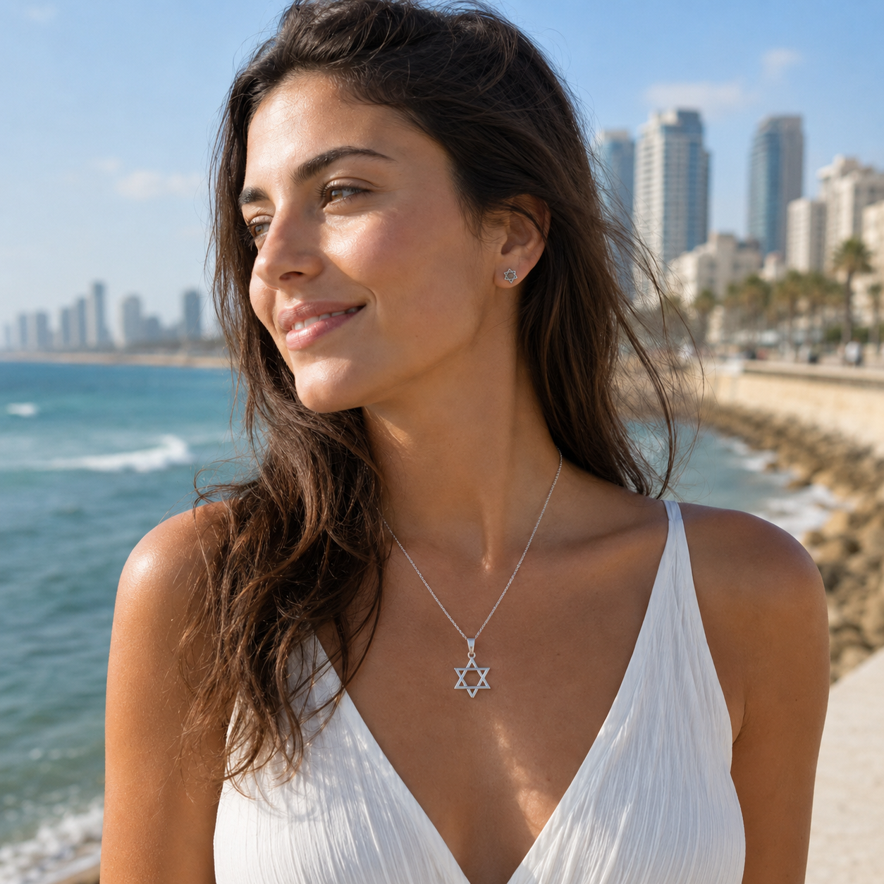 Star of David on a woman near the sea