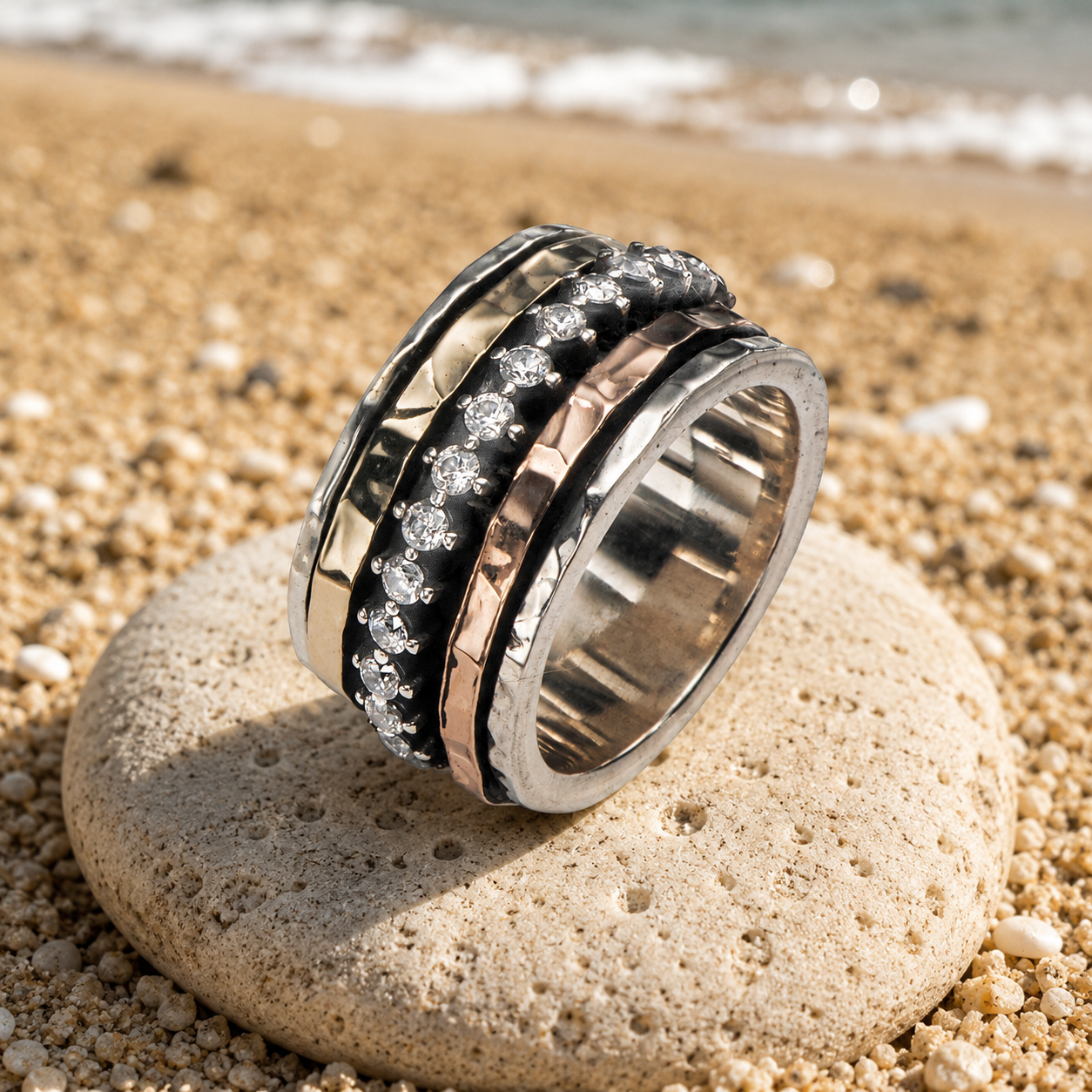 Spinner ring for Woman silver gold & cz band - Bluenoemi Jewelry Jewelry Bluenoemi Bluenoemi  israeli sterling silver jewellery jewelry handmade jewel