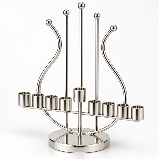 Cnadles Holder Hanukkah Menorah – Harp Shape Silver Plated – Made in Israel