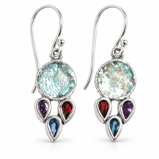 Roman Glass Earrings with Multicolor Zircons – Sterling Silver | Handmade in Israel