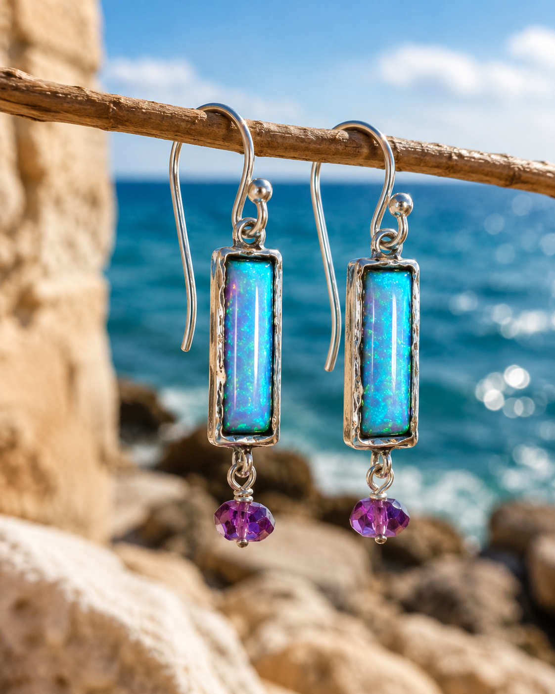 Sterling Silver Dangle Earrings with Blue Opal and Purple Beads