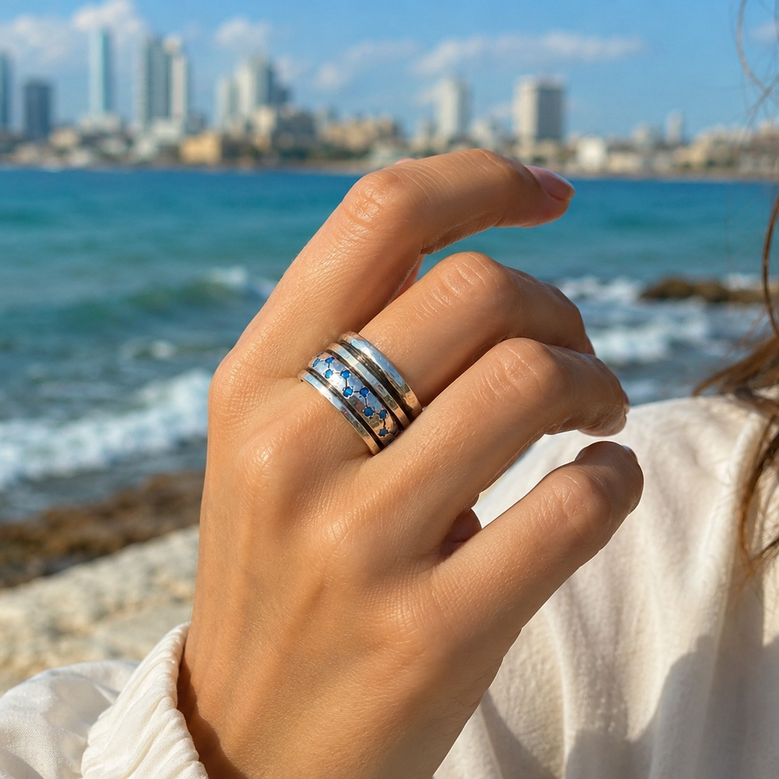 Blue Opal Spinner Ring – Sterling Silver & Gold Meditation Ring for Women - Bluenoemi Jewelry Jewelry Bluenoemi Bluenoemi  israeli sterling silver jewellery jewelry handmade jewel