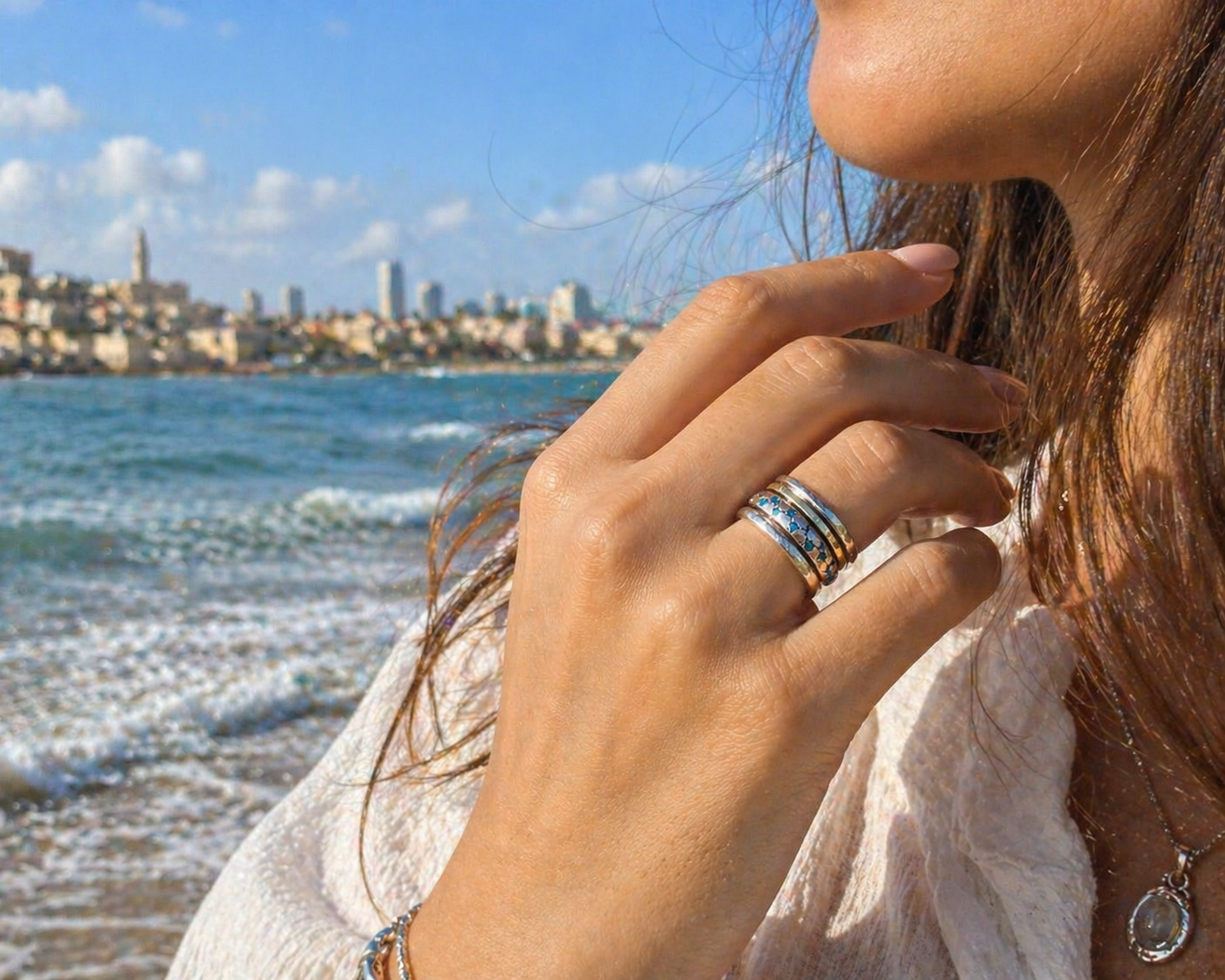 Blue Opal Spinner Ring in Sterling Silver & Gold | Handmade Israeli Meditation Ring - Bluenoemi Jewelry Jewelry Bluenoemi Bluenoemi  israeli sterling silver jewellery jewelry handmade jewel