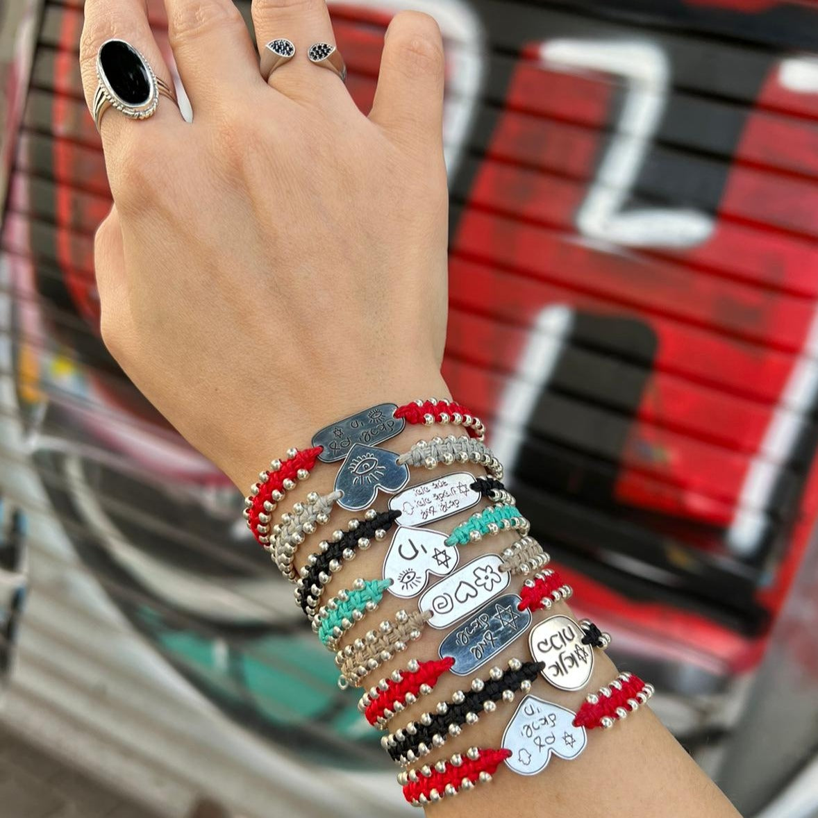 Macrame and silver bracelet with silver tags with blessings, names, words and messages. - Bluenoemi
