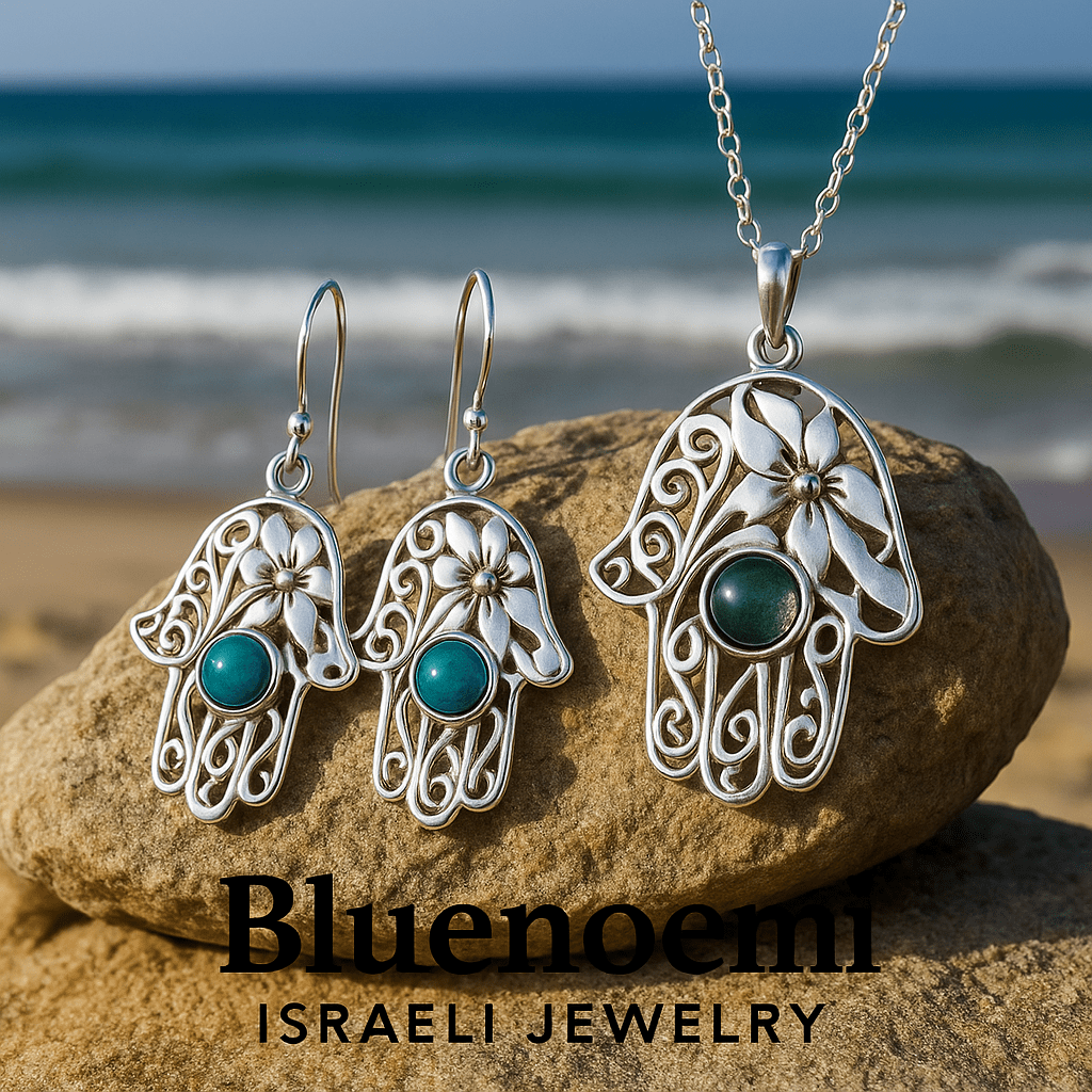 Bluenoemi Jewelry Earrings Hamsa Earrings / green Jewelry shop Israeli jewelry sterling silver hamsa Eilat Earrings