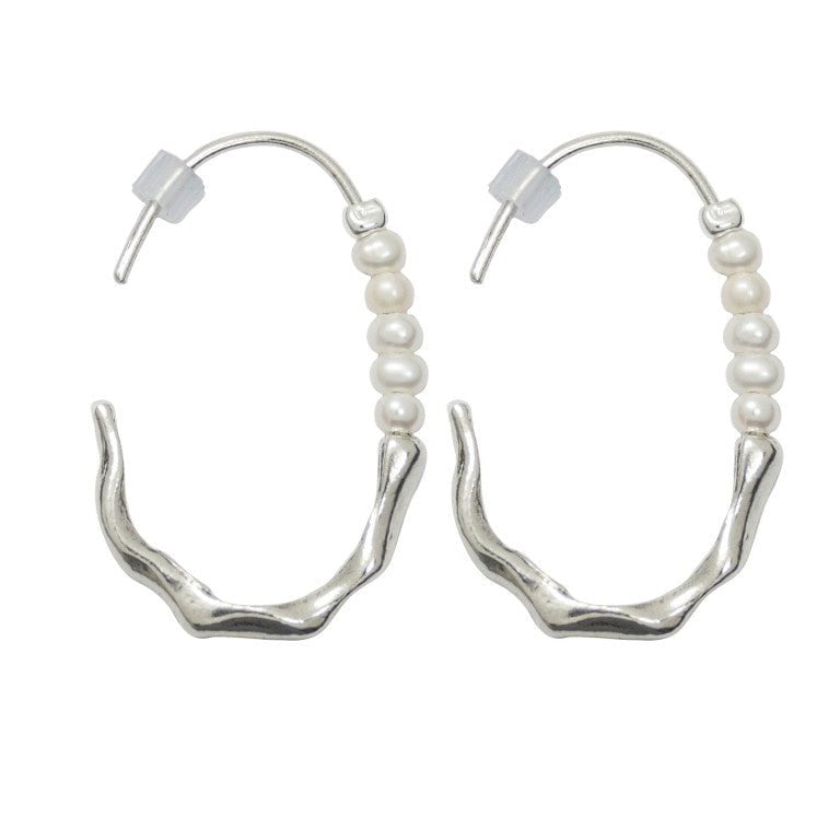 Bluenoemi Jewelry Earrings Pearls Sterling Silver Half Hoop Earrings with white pearls