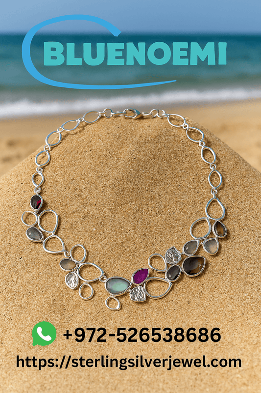 Bluenoemi Jewelry Necklaces Designer Israeli Sterling Silver Necklace with Roman Glass & Gemstones – Handmade by Bluenoemi