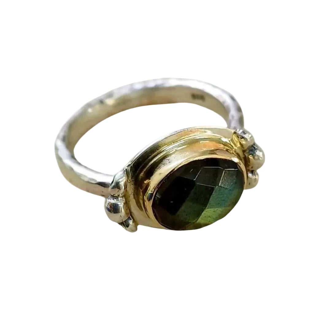 Bluenoemi Sterling Silver Gold Ring for Women set with a Labradorite – Crafted in Israel - Bluenoemi