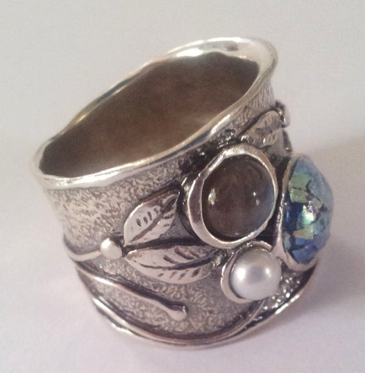 Bluenoemi Jewelry Rings Sterling Roman glass ring 925 silver ring with a pearl and gemstone.