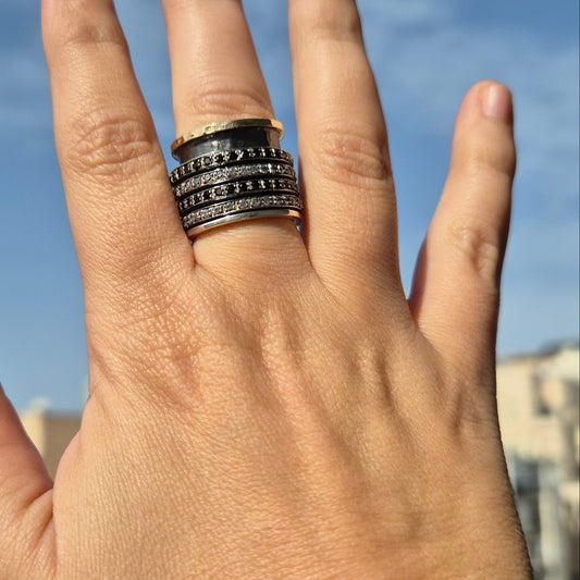 Bluenoemi Jewelry Spinner ring for Woman / Man silver and gold set cz Zircons & Onyx