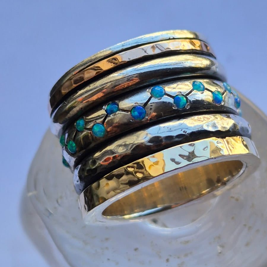 Bluenoemi Jewelry Spinner ring for Woman silver and gold set blue opals fidget bands