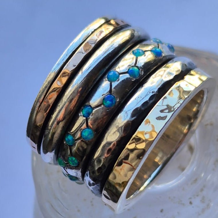 Bluenoemi Jewelry Spinner ring for Woman silver and gold set blue opals fidget bands