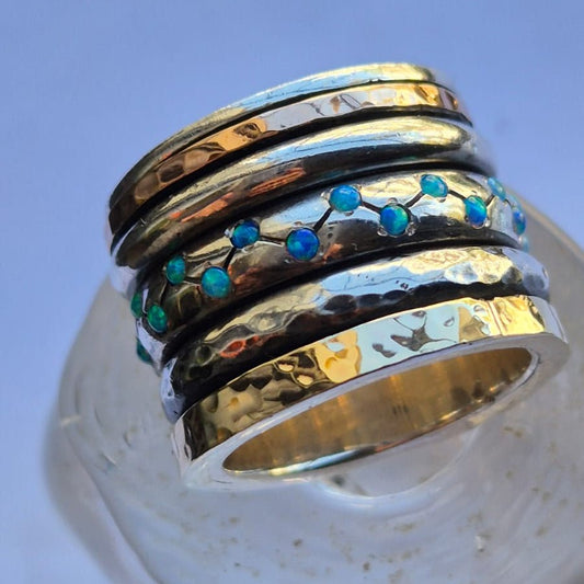Bluenoemi Jewelry Spinner ring for Woman silver and gold set blue opals fidget bands