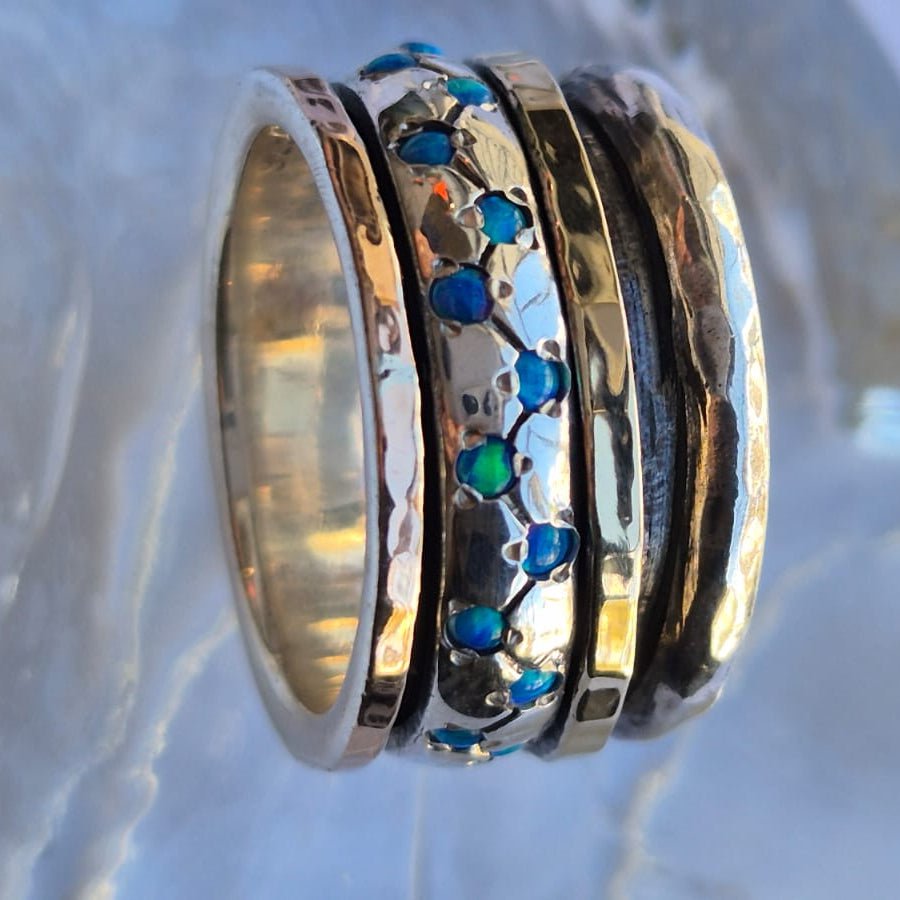 Bluenoemi Jewelry Spinner ring for Woman silver and gold set blue opals fidget rings 1.1 cm