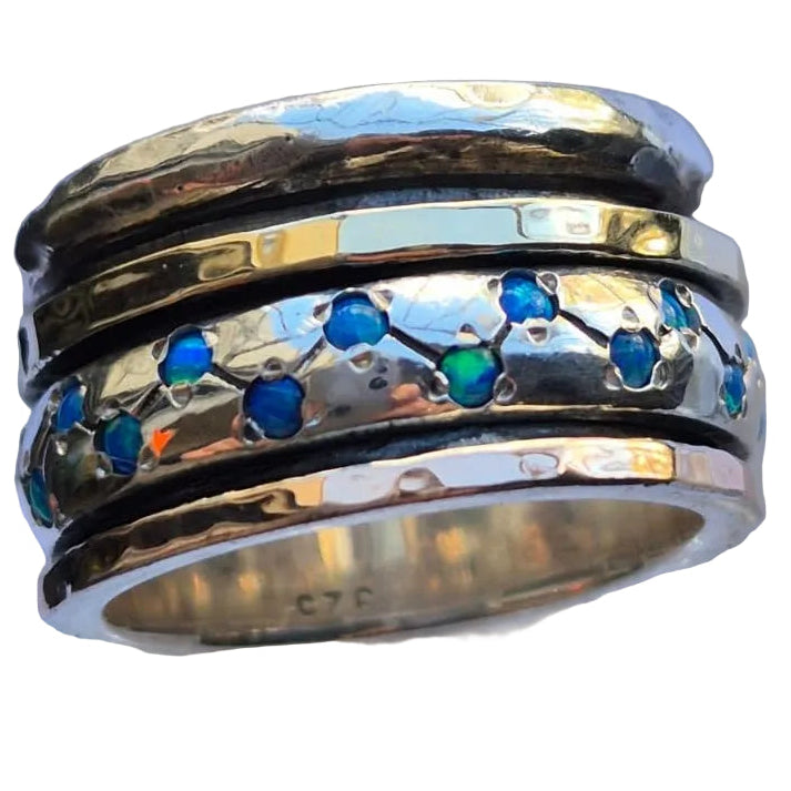 Blue Opal Spinner Ring in sterling silver and gold handmade in Israel