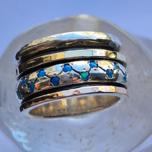 Bluenoemi Jewelry Spinner ring for Woman silver and gold set blue opals fidget rings 1.1 cm