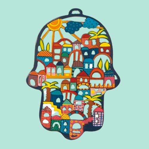 Bluenoemi Israeli Gifts Hamsa Metal Laser Cut Jerusalem View 8.66 inches x 6.69 inches - Bluenoemi
