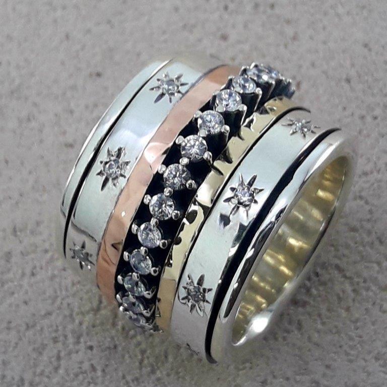 Israeli spinner rings Silver Gold and cz zircons - Bluenoemi