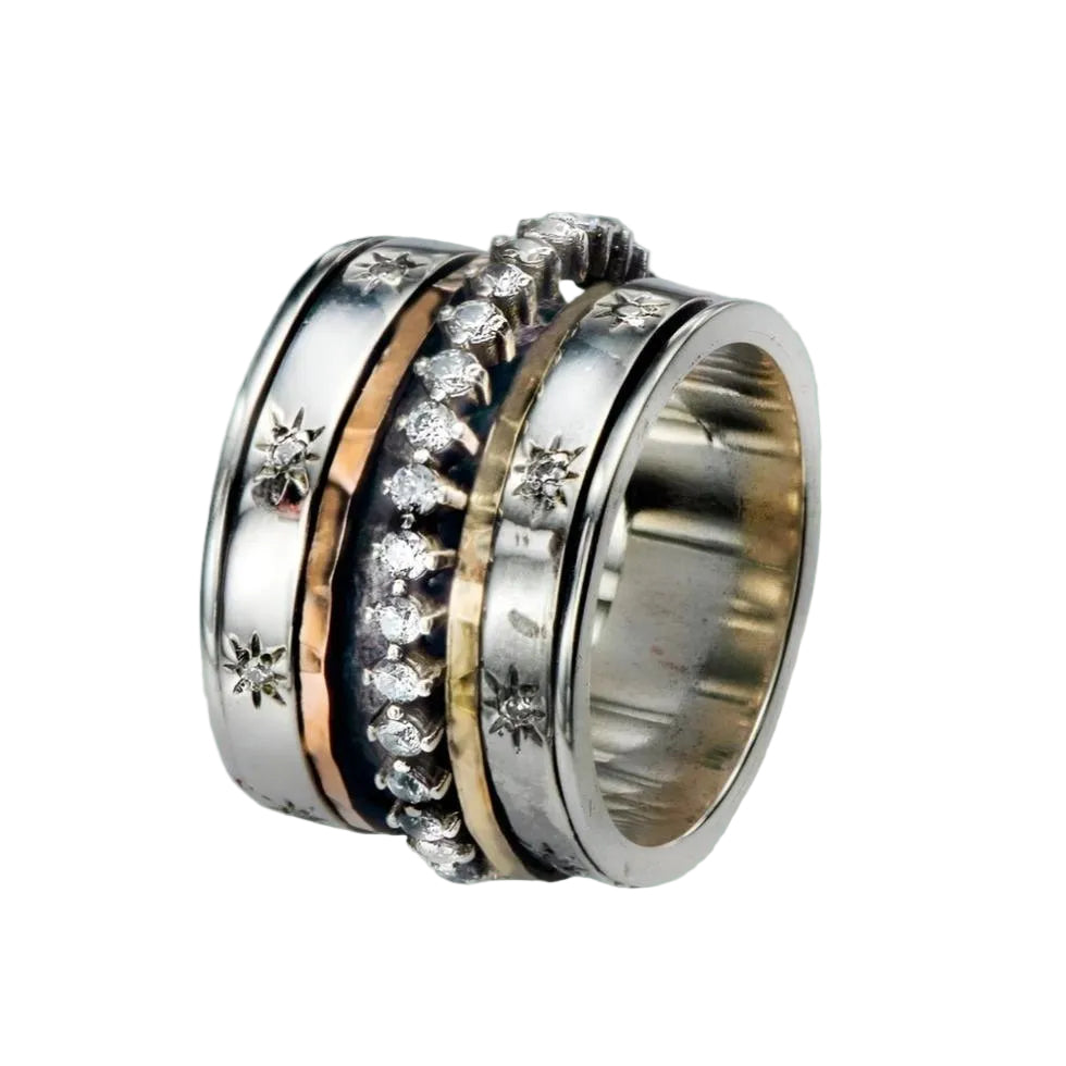 Israeli spinner rings Silver Gold and cz zircons - Bluenoemi